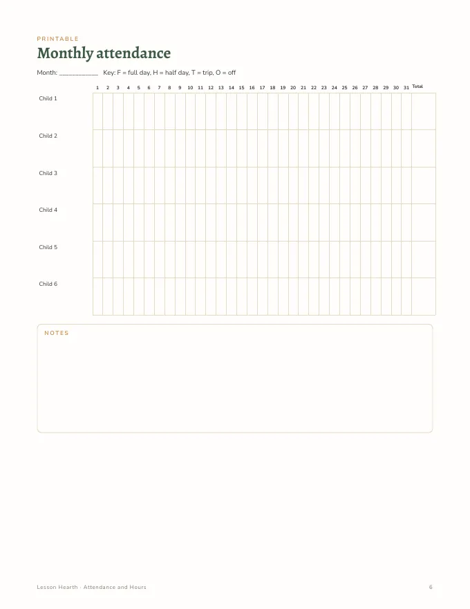 Inside pages of the Homeschool Attendance and Hours Tracker