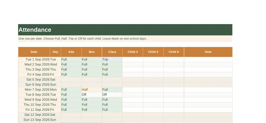 Attendance tab of the Homeschool Attendance and Hours Tracker spreadsheet