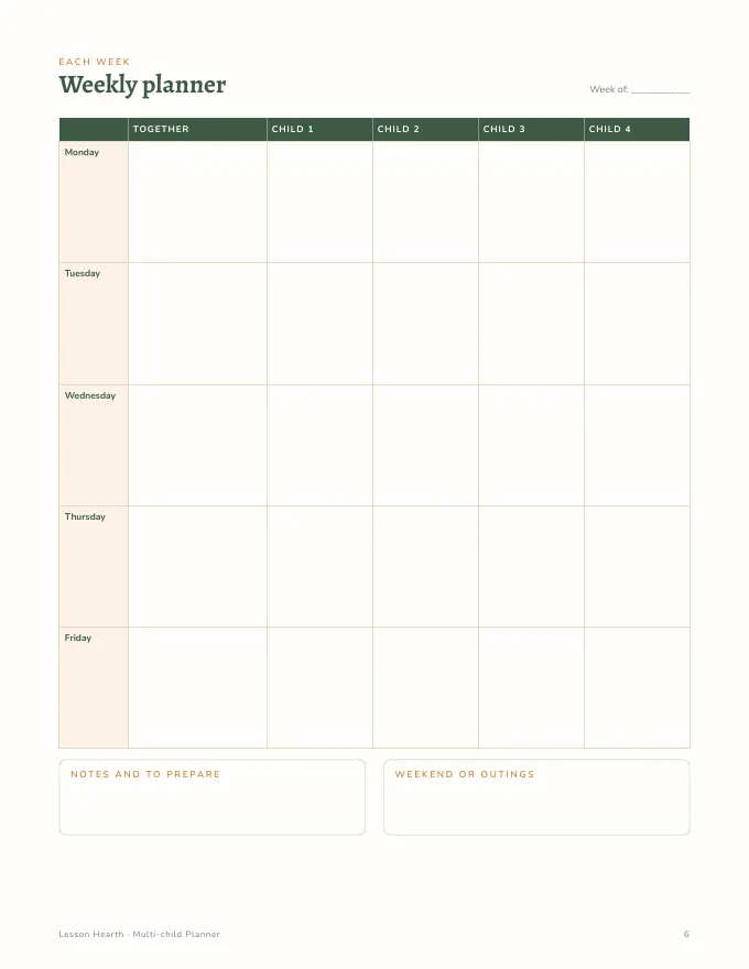 Inside pages of the Multi-child Homeschool Planner